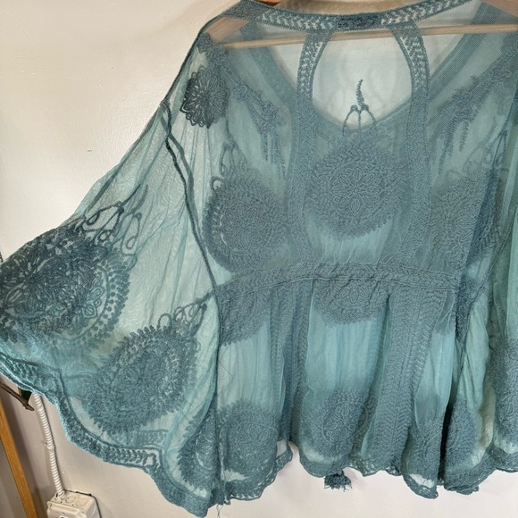 Sheer mesh lace boho blouse embroidered blue batwing sleeve OS loose fit SP230 - Picture 9 of 14
